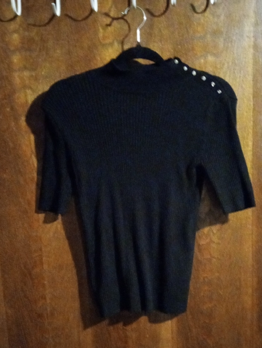 Tahari Black Ribbed Short-Sleeve Crewneck Sweater with Shoulder Buttons